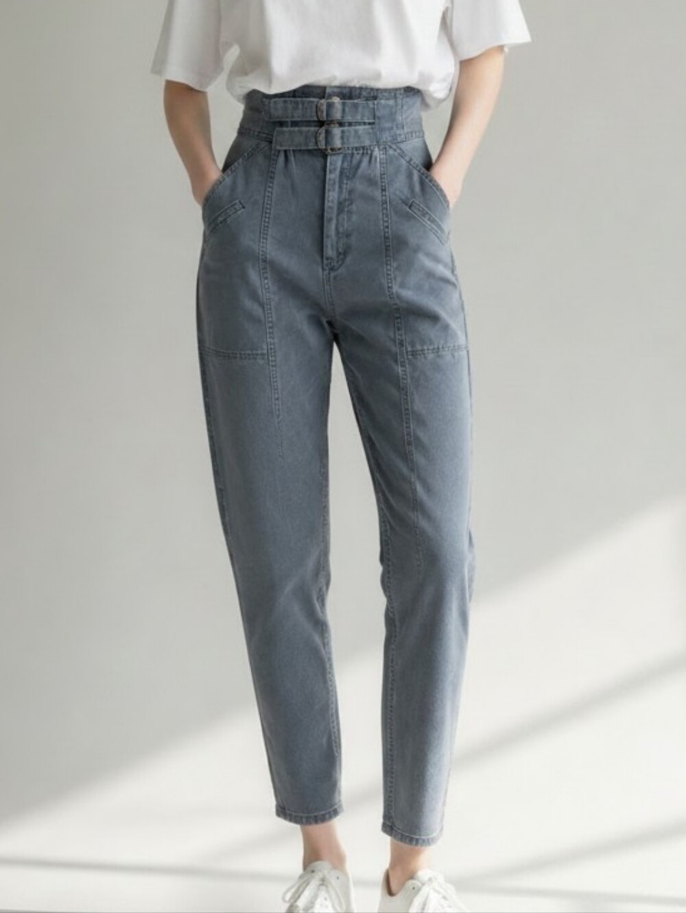 Vintage St Michael High-Waist Blue Denim Belted Tapered Pants